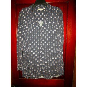 Soft Surroundings Sz L Tunic Top Button Down Shirt Blouse Navy Print Rayon Long